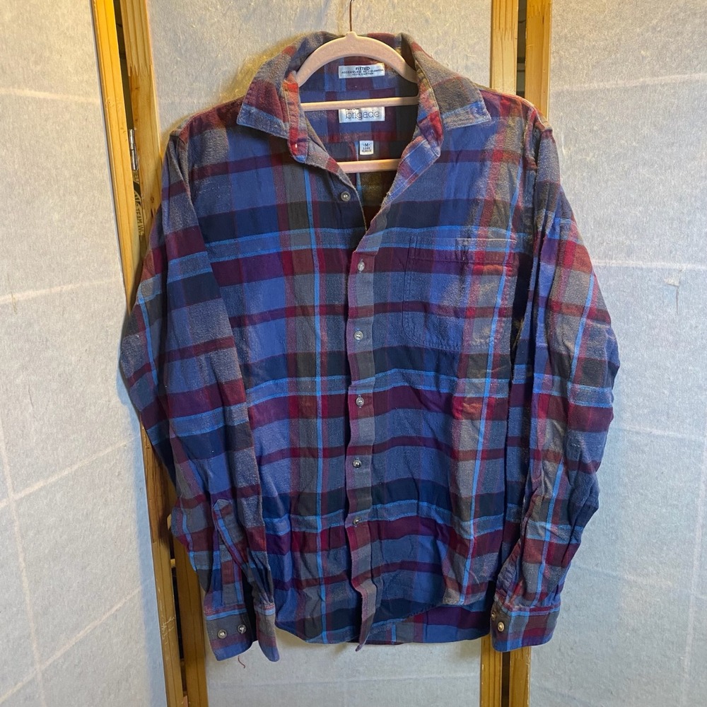 VTG Arrow Brigade Mens Flannel Shirt Medium Blue‎ Burgundy Plaid Fitted Cotton